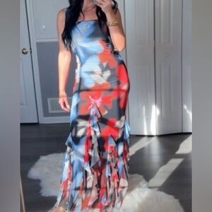Elegant Floral Maxi Dress - Red and Blue